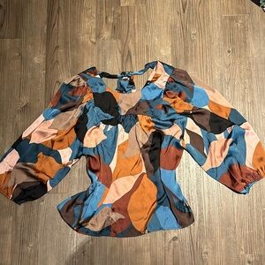 Multicolored balloon sleeve silky tie back blouse